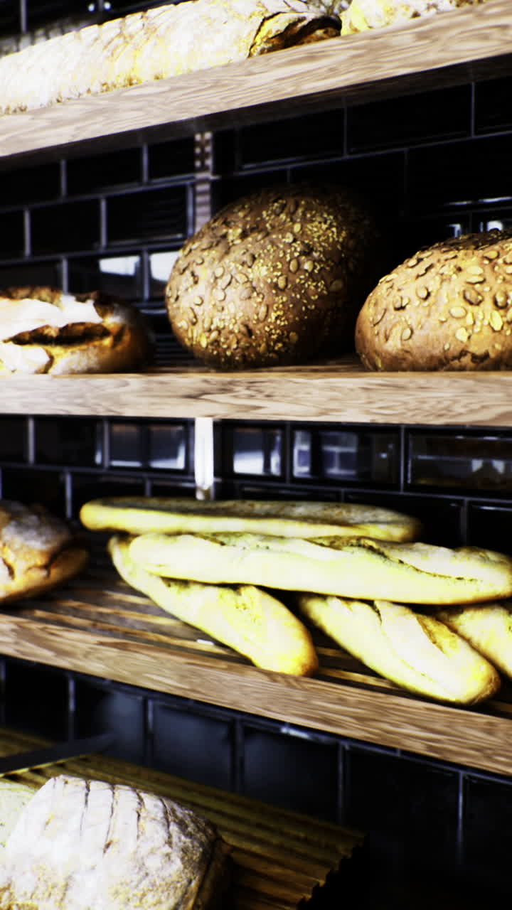 Freshly baked artisan bread displayed on wooden shelves in a cozy bakery