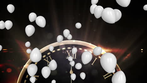 multiple white balloons floating over clock ticking to midnight against golden spots of light