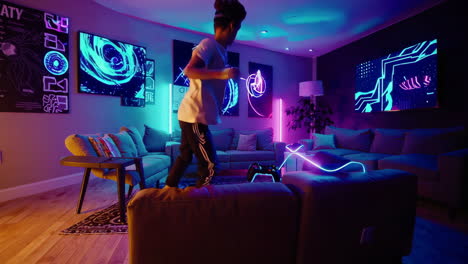 vr gamer in a neon-lit gaming room