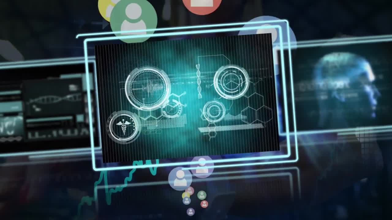 Animation of social media icons over data processing on screen in background