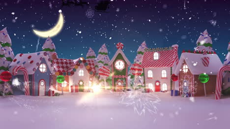 animation of snowfall over merry christmas text and decorated houses against moon in sky