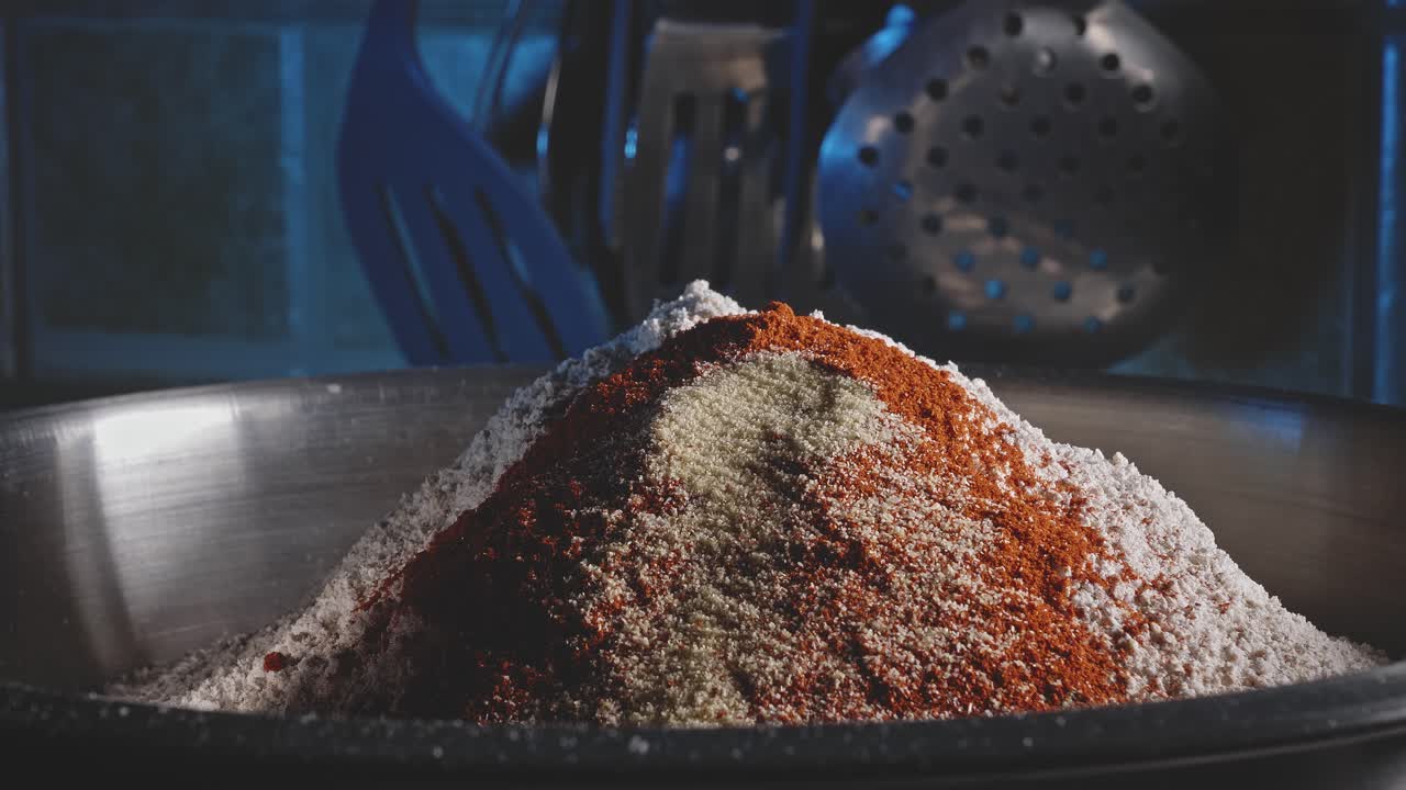 믹싱볼에 갈아놓은 믹스 야채에 약간의 향신료를 더했습니다.