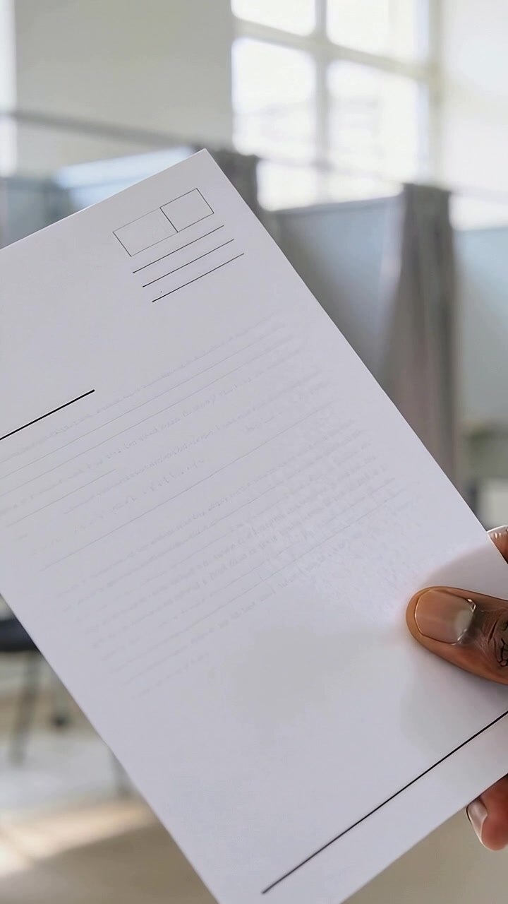 Vertical video: Holding right hand rotating postcard to camera in bright room, showing address area