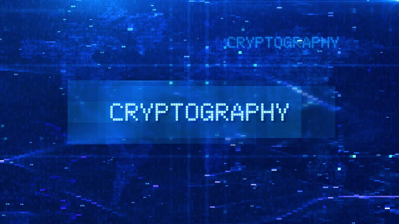 Cryptography Word Appearing on Abstract Blue Digital Glitch Background