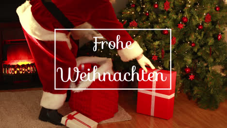 Animation-Of-Frohe-Weihnachten-Greeting-Text-In-Frame-Over-Santa-Claus,-Presents-And-Christmas-Tree