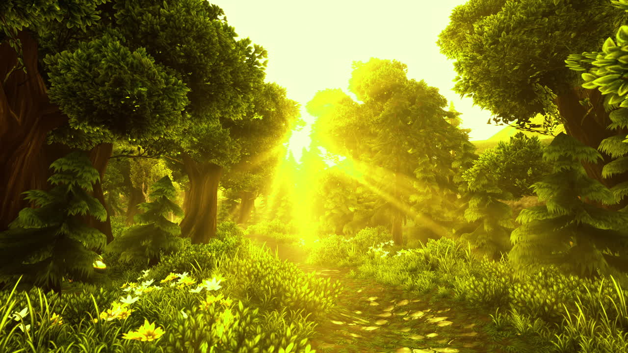 Golden rays illuminate a serene forest path at dawn in a vibrant landscape