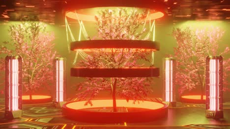 futuristic vertical farm with glowing trees