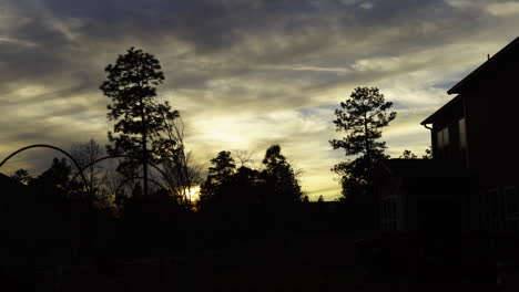 sunset silhouettes over suburban homes