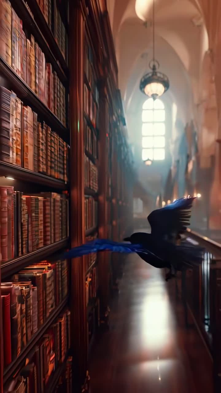Libro digitale luminoso che si trasforma in una grande biblioteca con un corvo in volo.