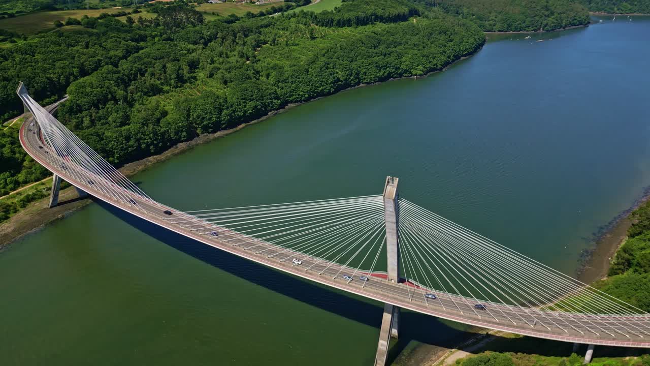 Perspective drone view of modern cable-stayed Térénez Bridge architecture near the Belvédère de Térénez, France
