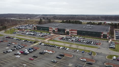 Lansing-Michigan-treasury-building-drone-aerial-stock-video-footage-slow-motion