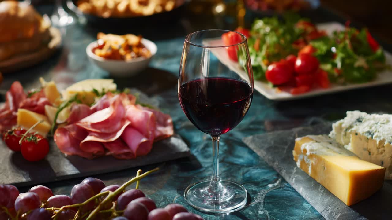 An Elegant Arrangement of Gourmet Delicacies and a Glass of Red Wine Set Against an Opulent Backdrop, Featuring Succulent Charcuterie Options Alongside Fresh Produce and Gourmet Cheeses