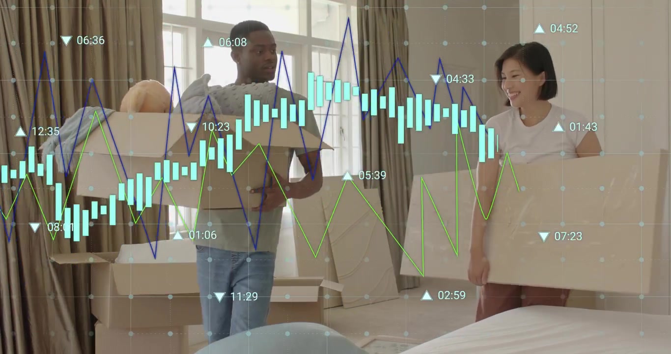 Couple unpacking boxes in bedroom, with motion arrows guiding canvas placement for home decor