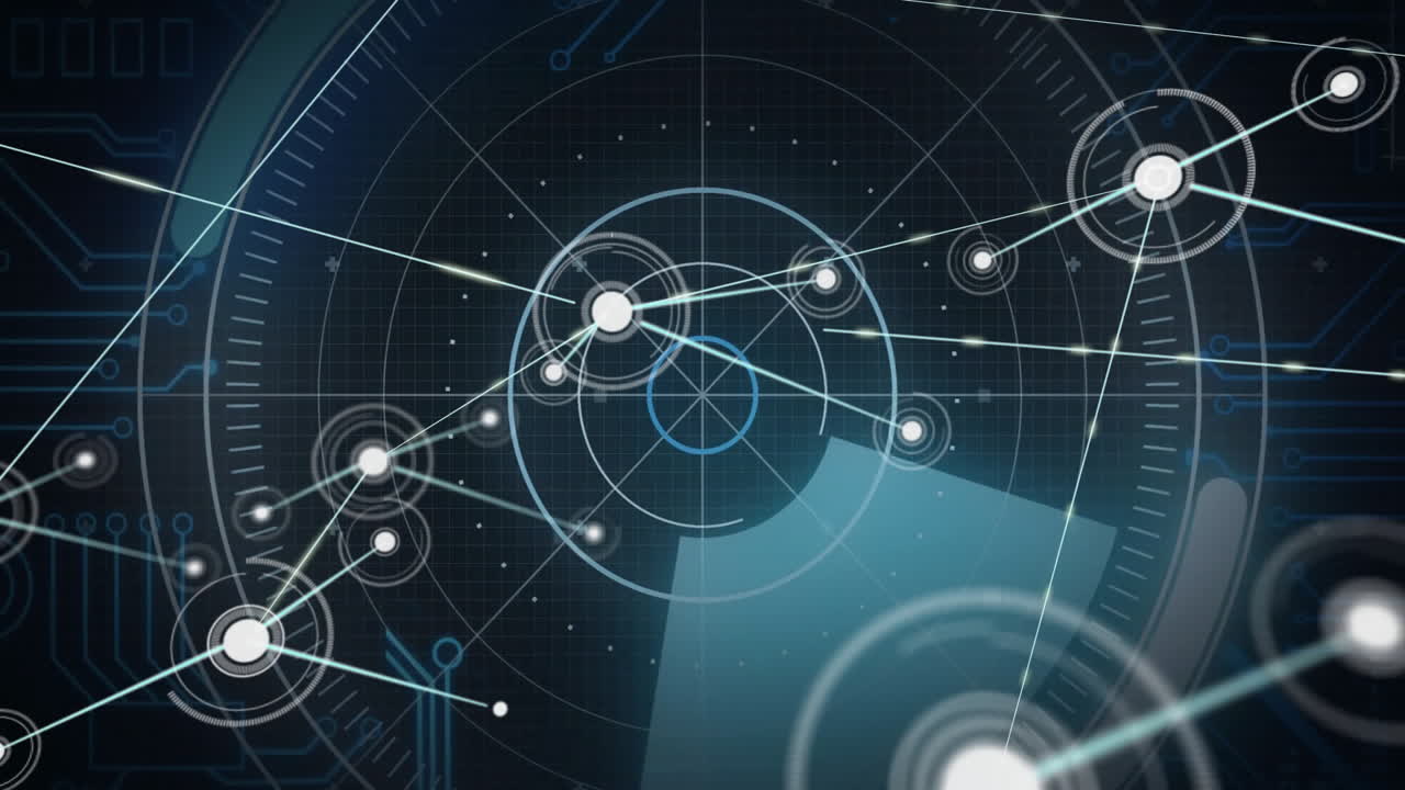 Animation of futuristic radar interface with interconnected nodes in school setting