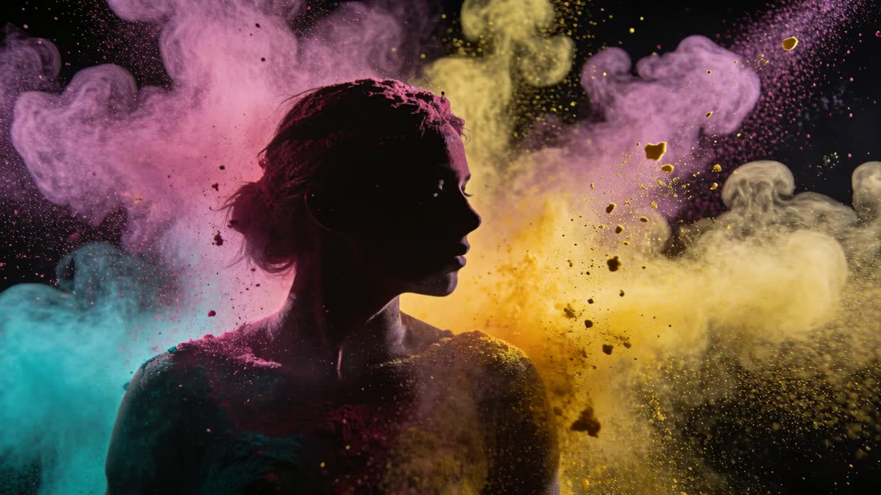 Bursting offscreen releasing pink teal yellow plumes wrapping woman posing with bun for studio art