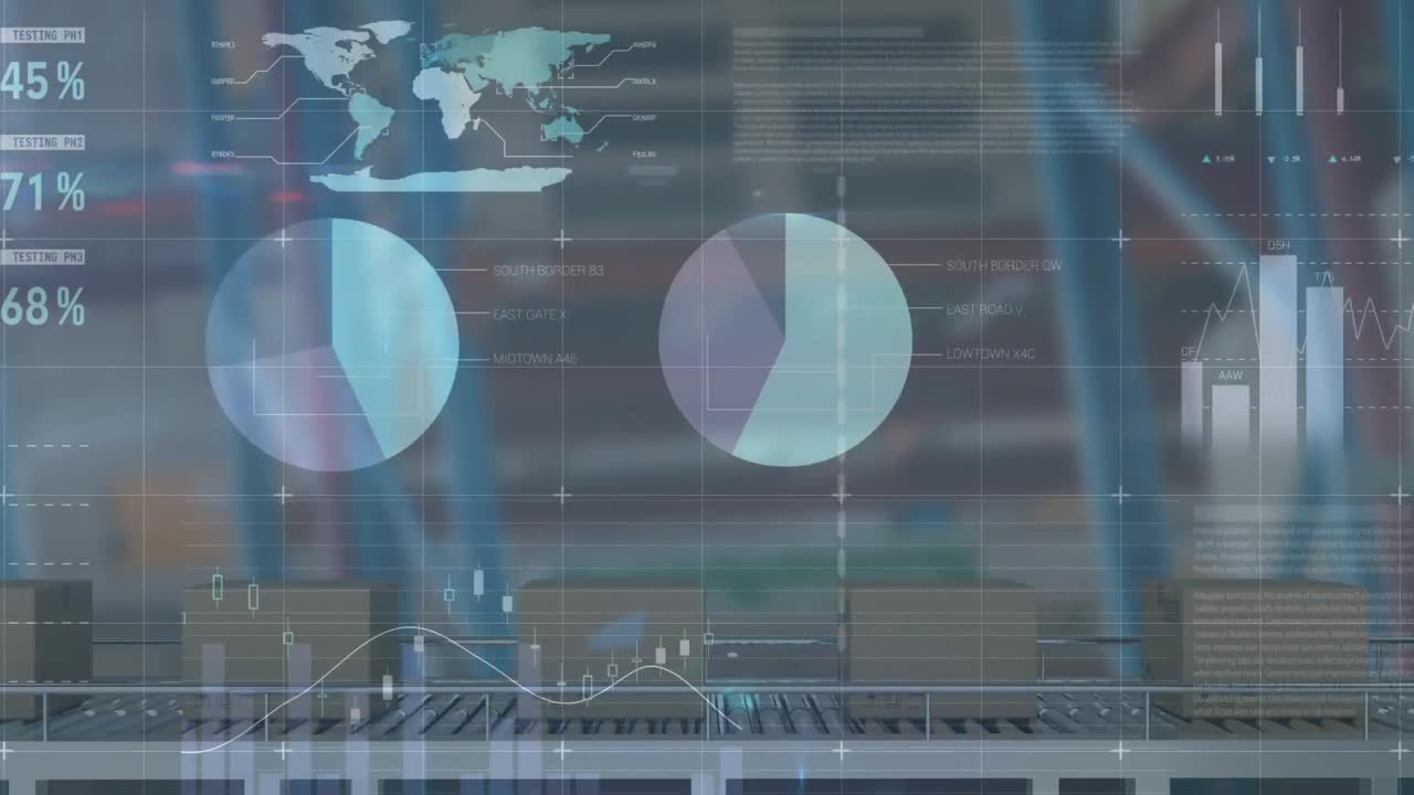 animación del procesamiento de estadísticas sobre cajas de cartón en cinta transportadora en el almacén