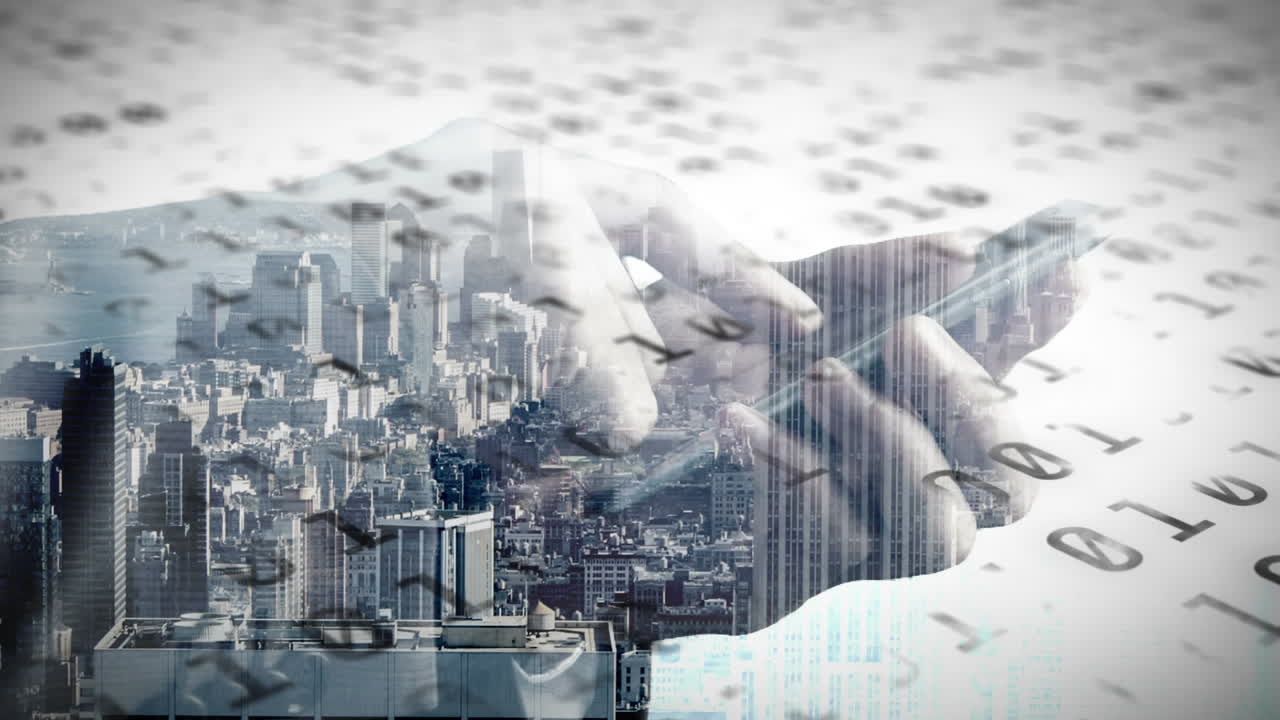 도시 풍경 위의 바이너리 코딩의 애니메이션