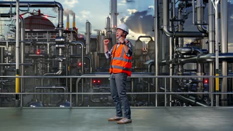 full body side view of asian male engineer with safety helmet screaming goal celebrating working in a refinery, oil processing equipment and machinery