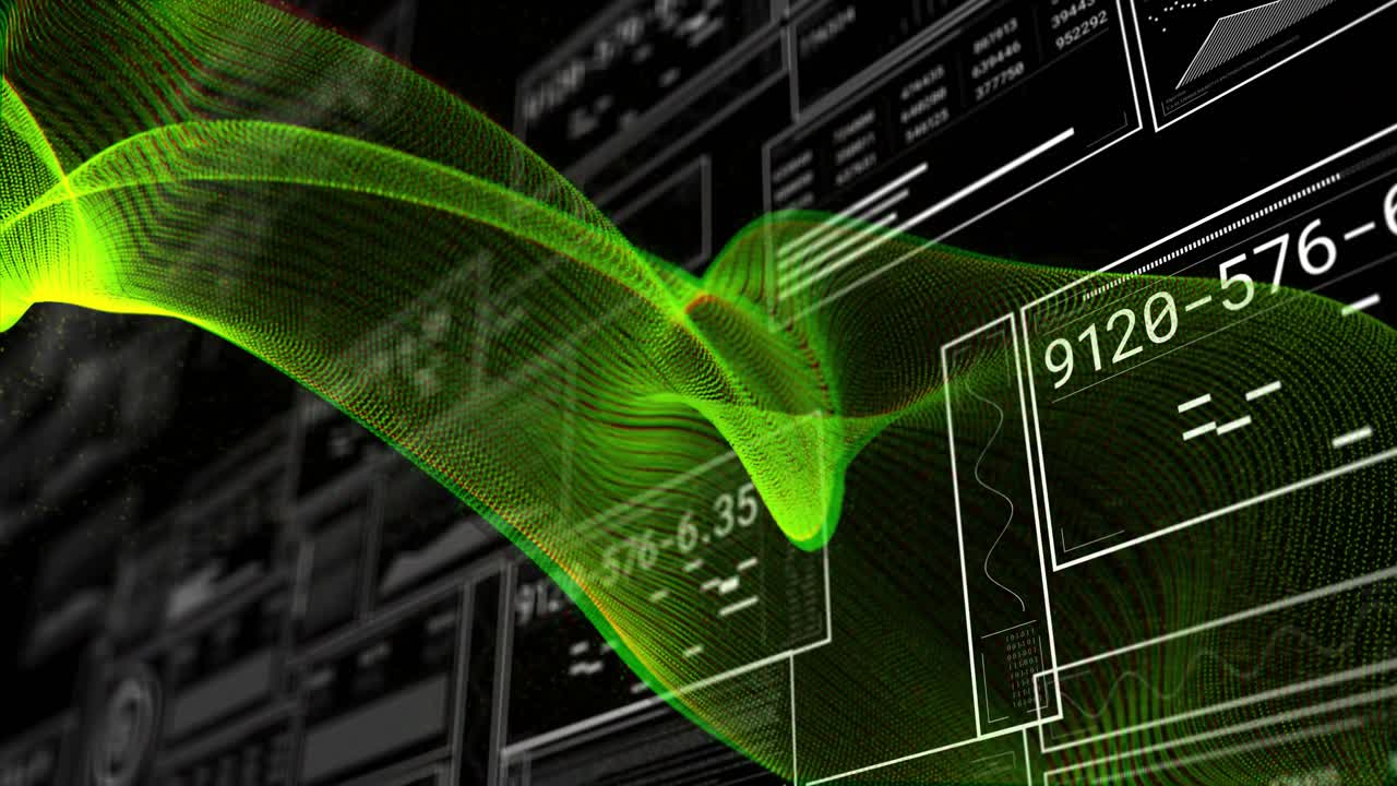 Translucent green mesh waveform flowing across dashboard interface, showing schematic data panels