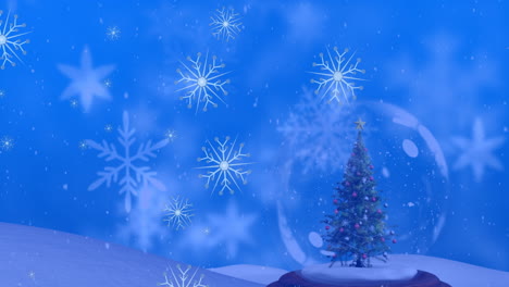 animación de copos de nieve sobre globo de nieve con árbol de navidad