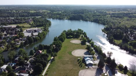 drone circling over a park next to a lake during a summer day