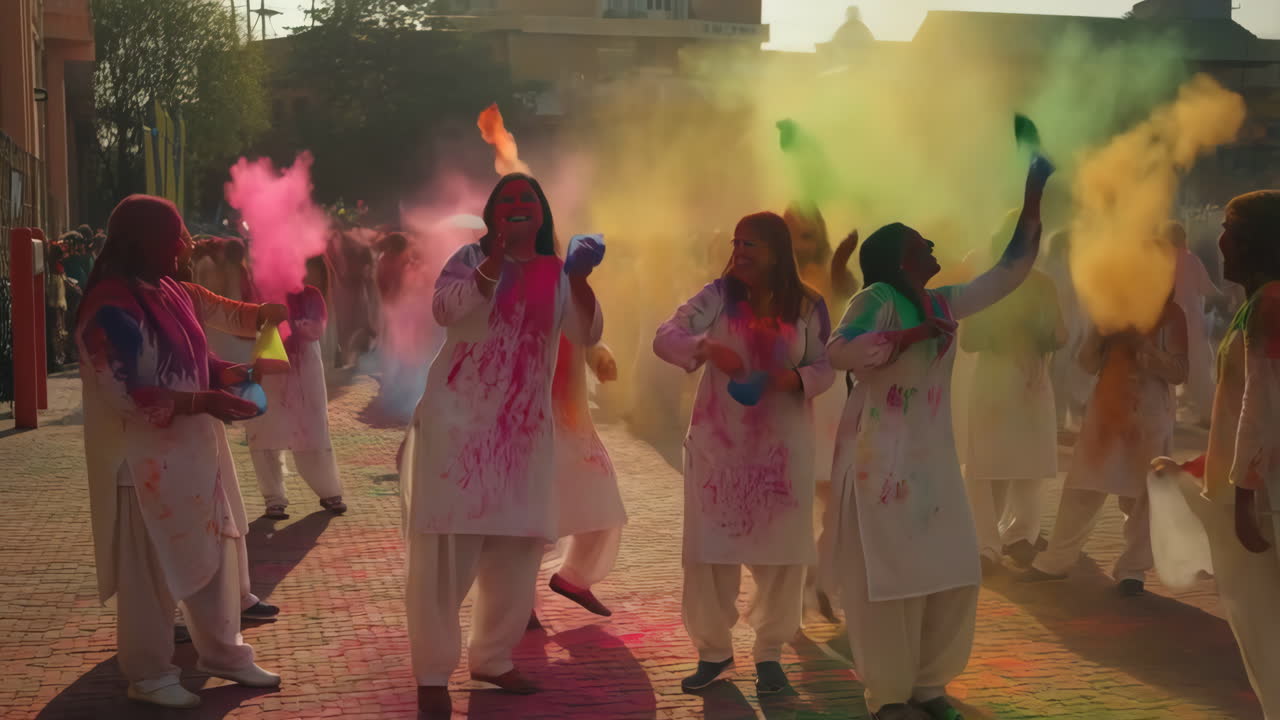 La gente celebra la festa di Holi con polvere colorata
