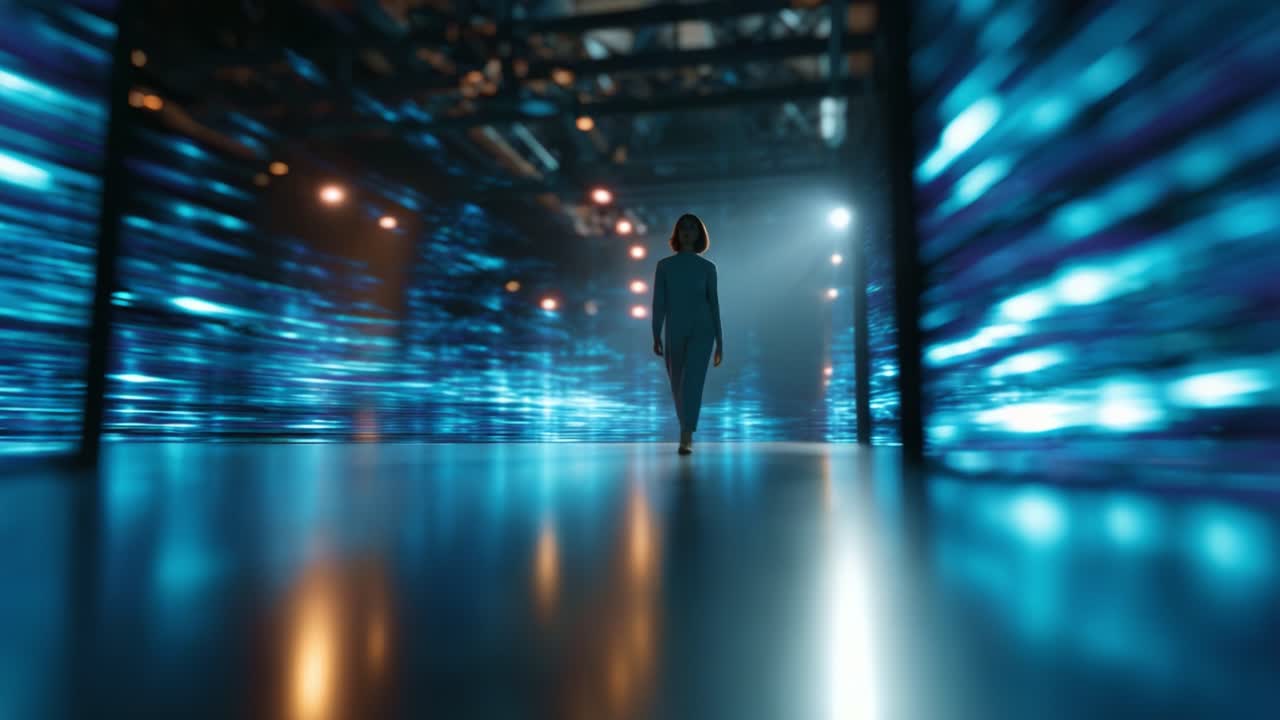 A solitary figure walks through a vibrant, futuristic space illuminated by dazzling blue lights, highlighting a journey of discovery and transformation