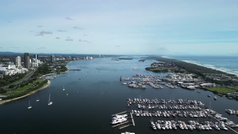 Aerial-view-of-the-Gold-Coast-Superyacht-marina,-beaches-and-Broadwater-tourist-area