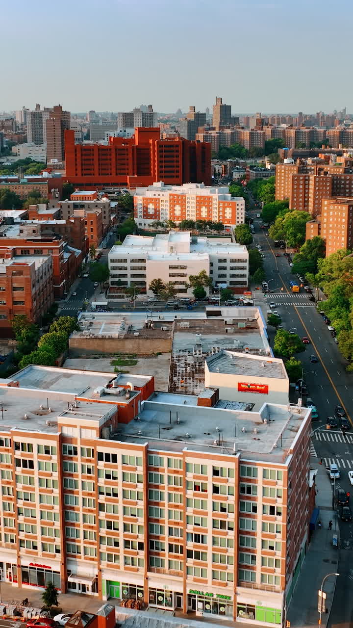 Neighborhoods of New York on sunny daytime. Top view on the residential areas at sunset. Vertical video