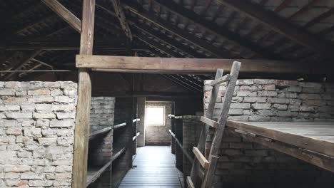 wooden bunks and ladder in dim barracks at auschwitz-birkenau, poland