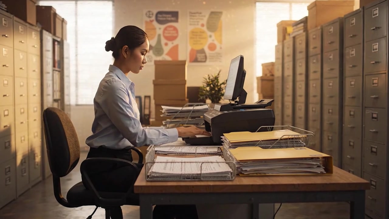 Funcionário de Escritório Organizando Documentos na Mesa com Computador e Armários de Arquivo em um Espaço de Trabalho Bem Iluminado, Mostrando um Ambiente Administrativo Produtivo.