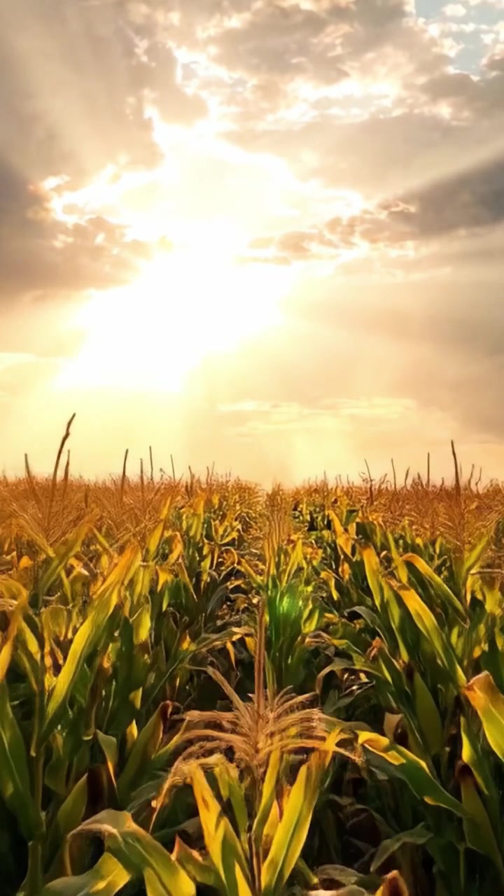 A Serene Morning in a Vibrant Cornfield: Captivating Sunlight Illuminating Rows of Corn Underneath a Beautiful Sky of Clouds and Rays of Sun.