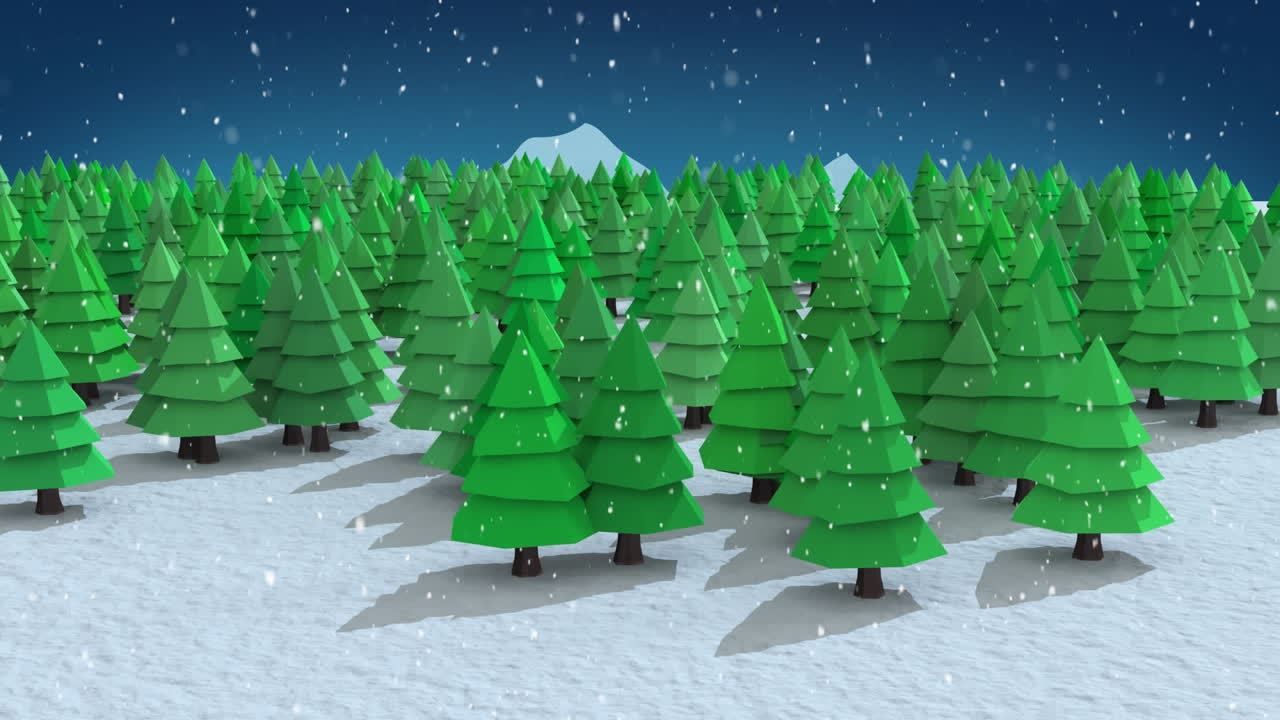 Animation of snow falling over fir trees in winter scenery