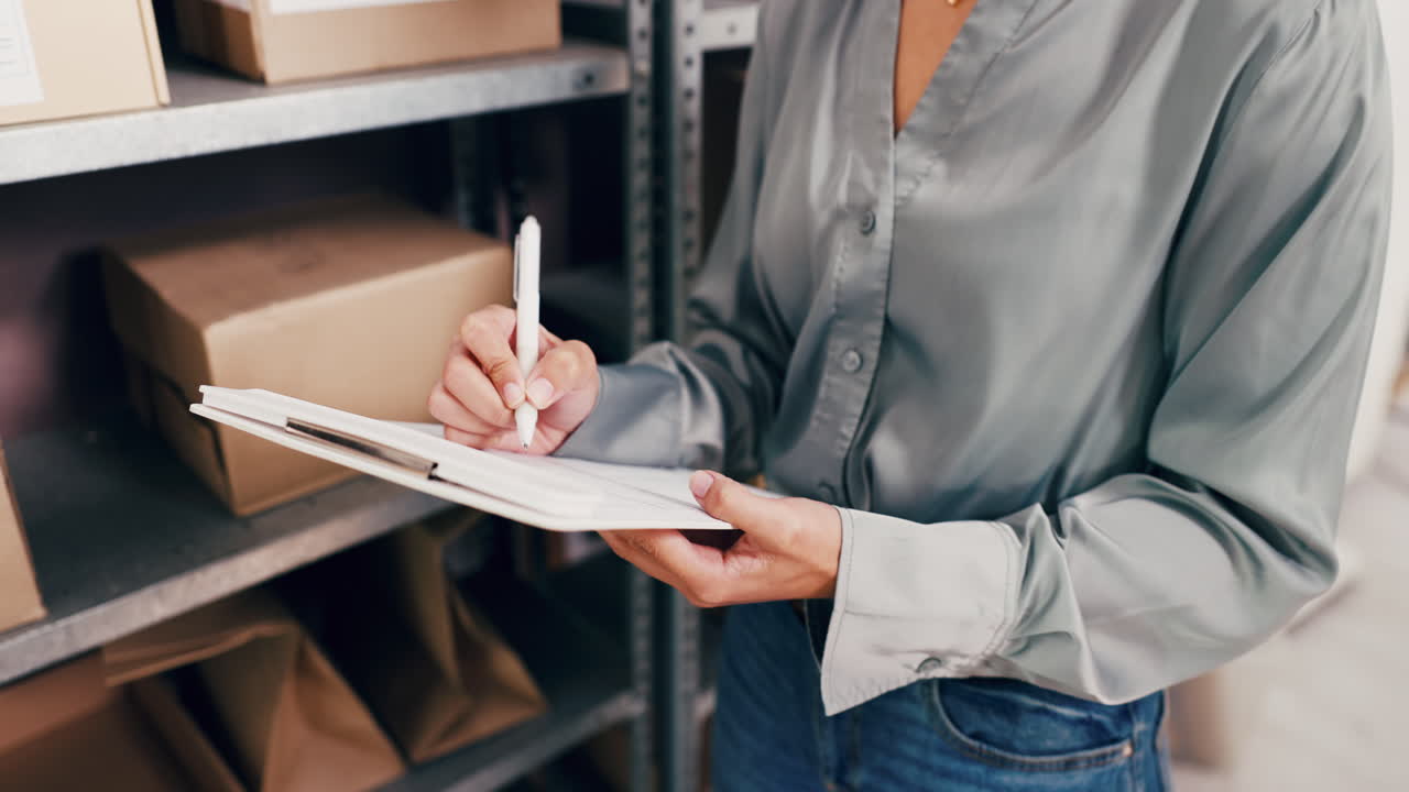 Mujer escribiendo en un portapapeles mientras revisa el inventario en un almacén