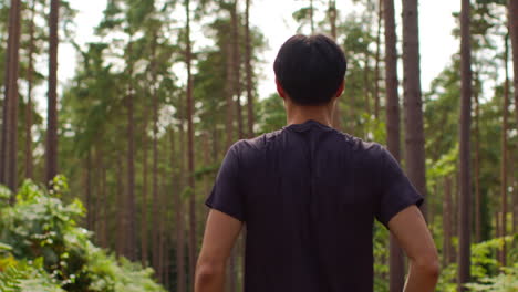 rear view of man warming up and stretching arms and shoulders before work out exercising running through forest