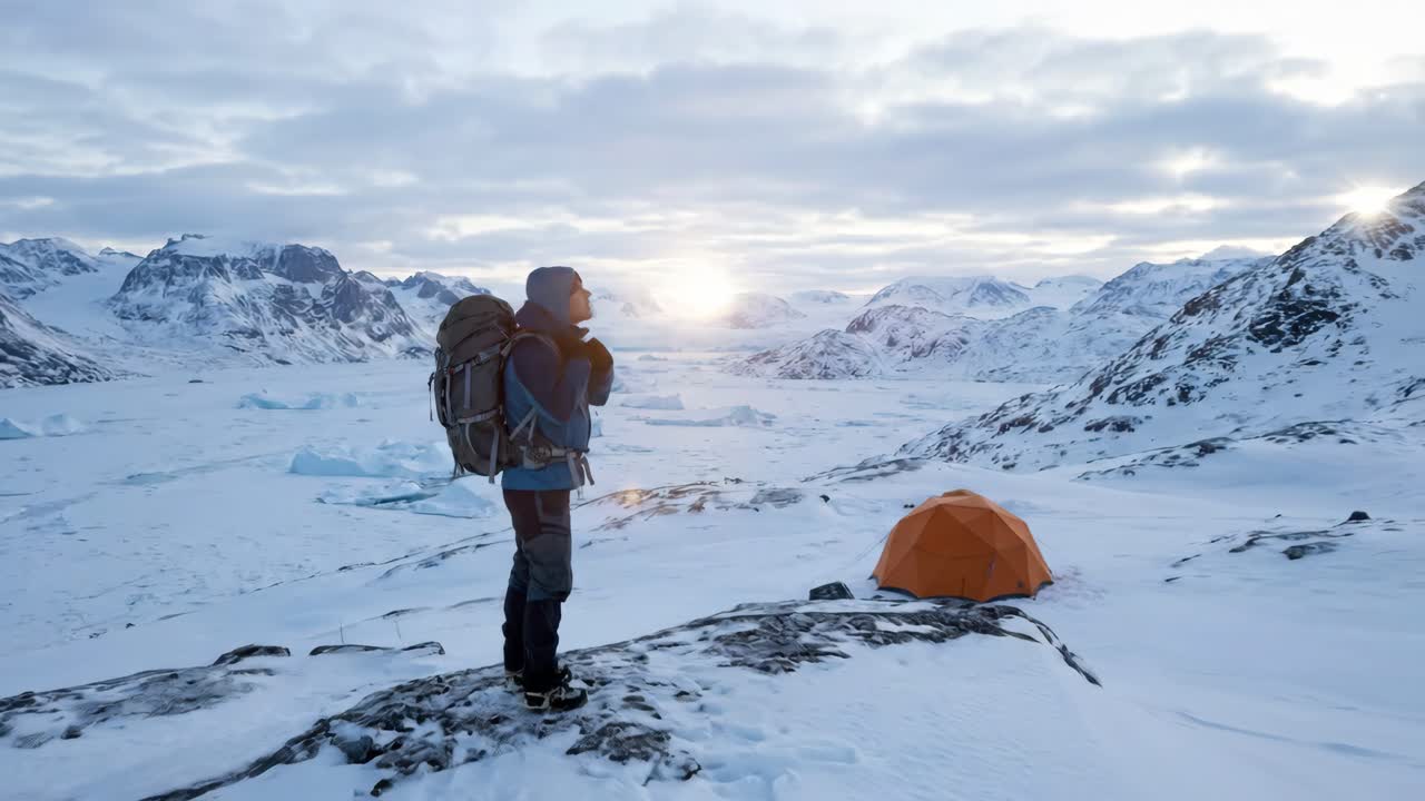 Hiker with Backpack Standing in Vast Snowy Mountain Landscape