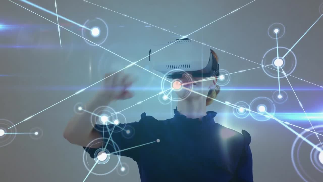 red brillante de conexiones sobre la mujer que usa auriculares vr contra un fondo gris