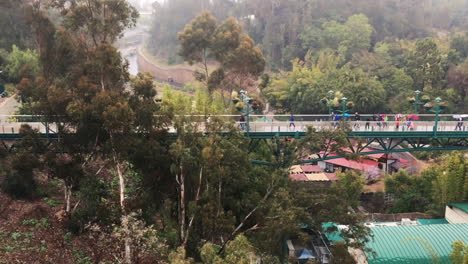 aerial footage of sky bridge walkway with people above zoo. san diego on a cloudy day.