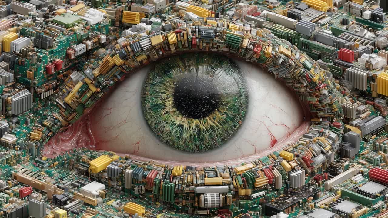 A Surreal Vision of Technology and Nature: An Eye Composed of Intricate Circuitry Surrounded by Colorful Electronic Elements and Organic Textures