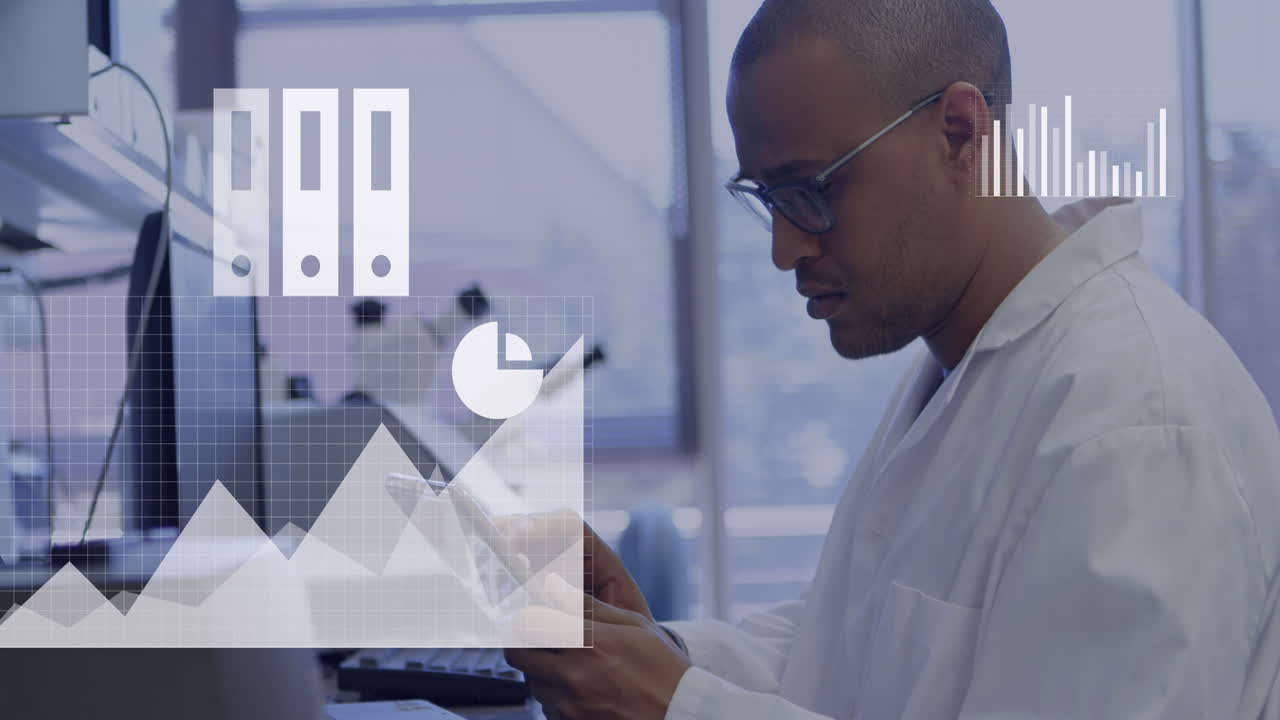 Animation of cloud and data processing over african american male scientist using tablet