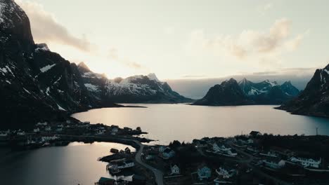 picturesque fishing village of reine at moskenes municipality in nordland county, norway. aerial drone shot