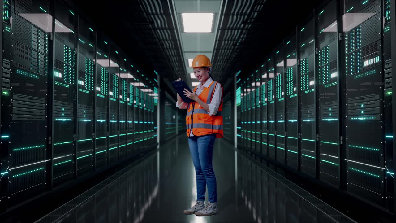 Full Body Side View Of Asian Female Engineer With Safety Helmet Taking Note On The Tablet And Looking Around While Standing in Server Room Data Center