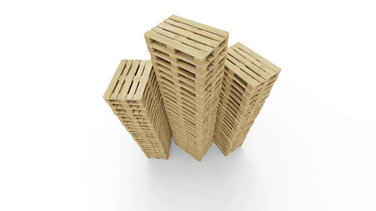 vista superior de una vuelta alrededor de cuatro montones muy altos de paletas de madera