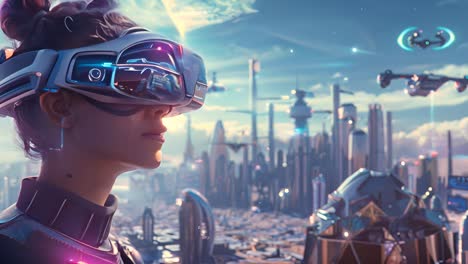woman in vr headset, futuristic cityscape