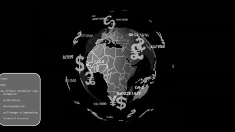 animation of globe with currency symbols and data processing on black background