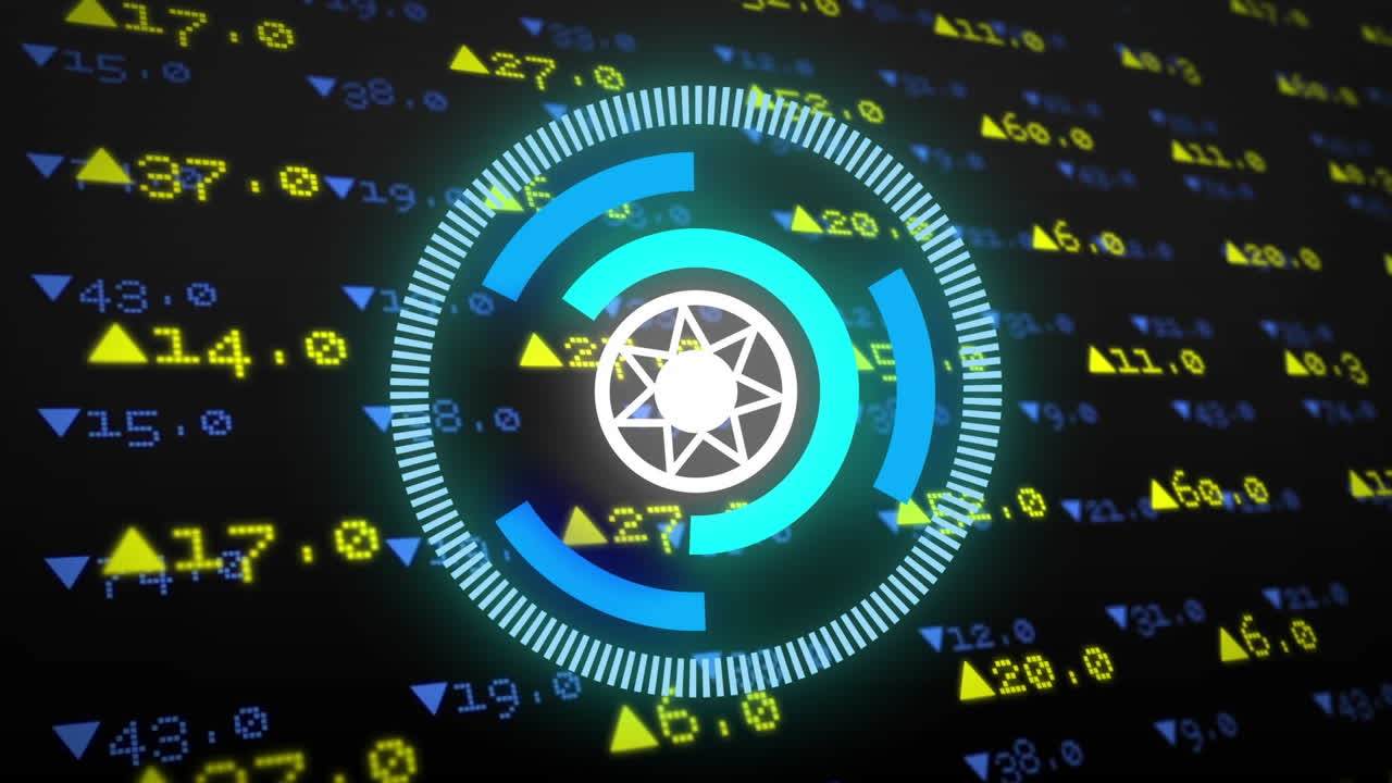 검은 바탕에 대한 증권 시장 데이터 처리에 대한 네온 둥근 스캐너의 애니메이션