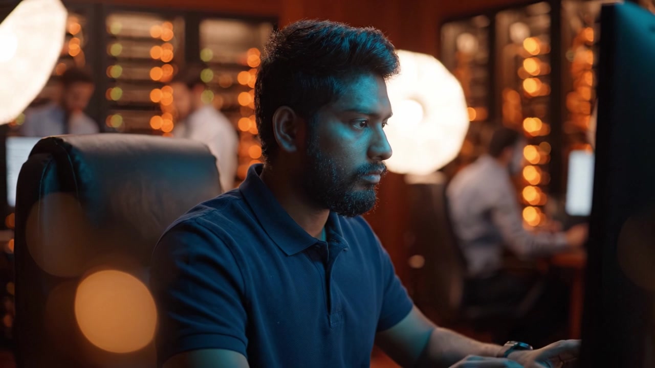 Focused Professional in a Modern Office Setting, Engaged in Work, Surrounded by Dynamic Technology and Colleagues, Highlighting Concentration and Productivity
