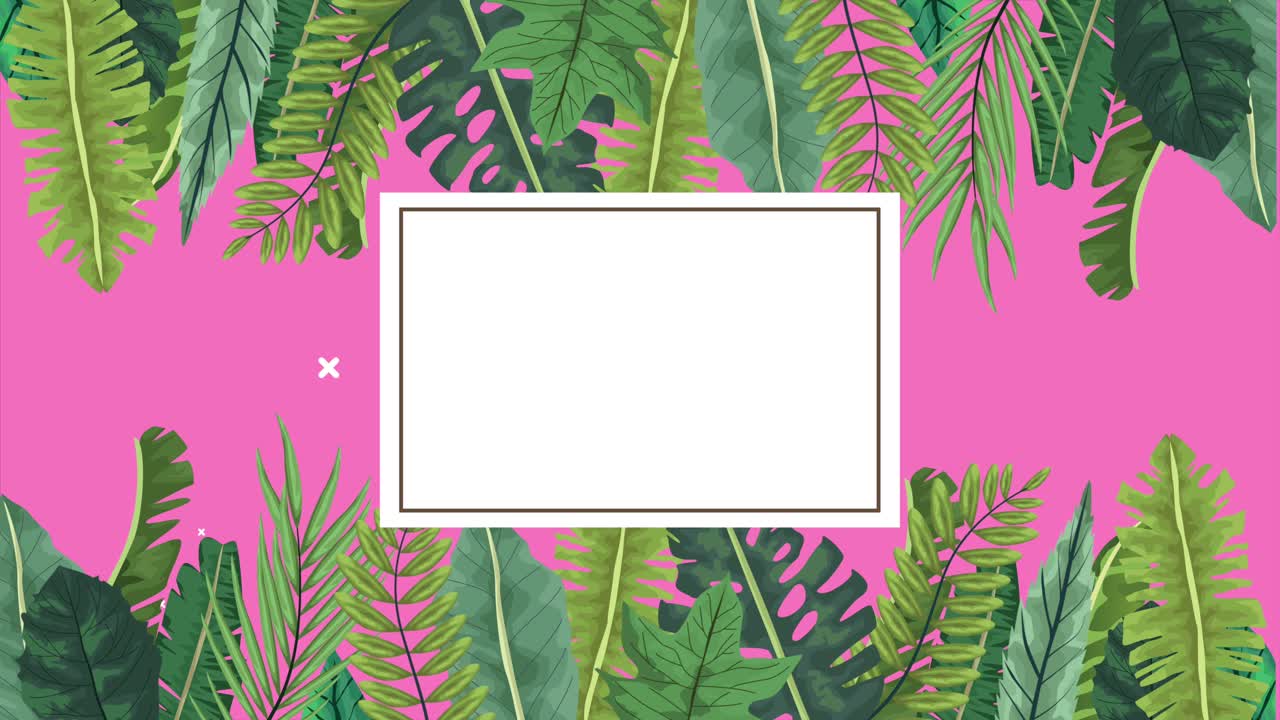 열대 이국적 인 잎 생태학 애니메이션 사각형 프레임과 분홍색 배경