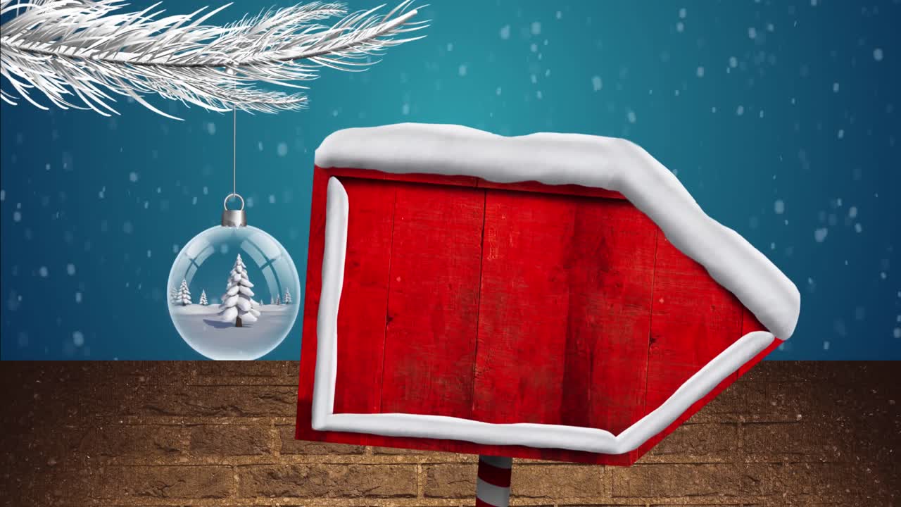 파란색 배경에 눈이 떨어지는 코피 공간과 함께 도로 표지판의 애니메이션