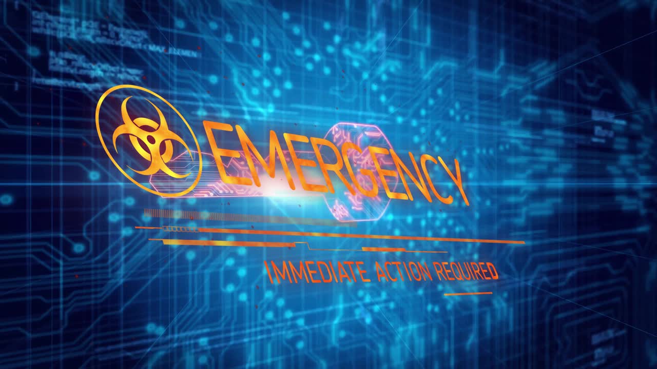 Simbolo di rischio biologico che appare in dissolvenza, con EBK che sfarfalla in EMERGENZA, animando un avviso di azione immediata richiesta.